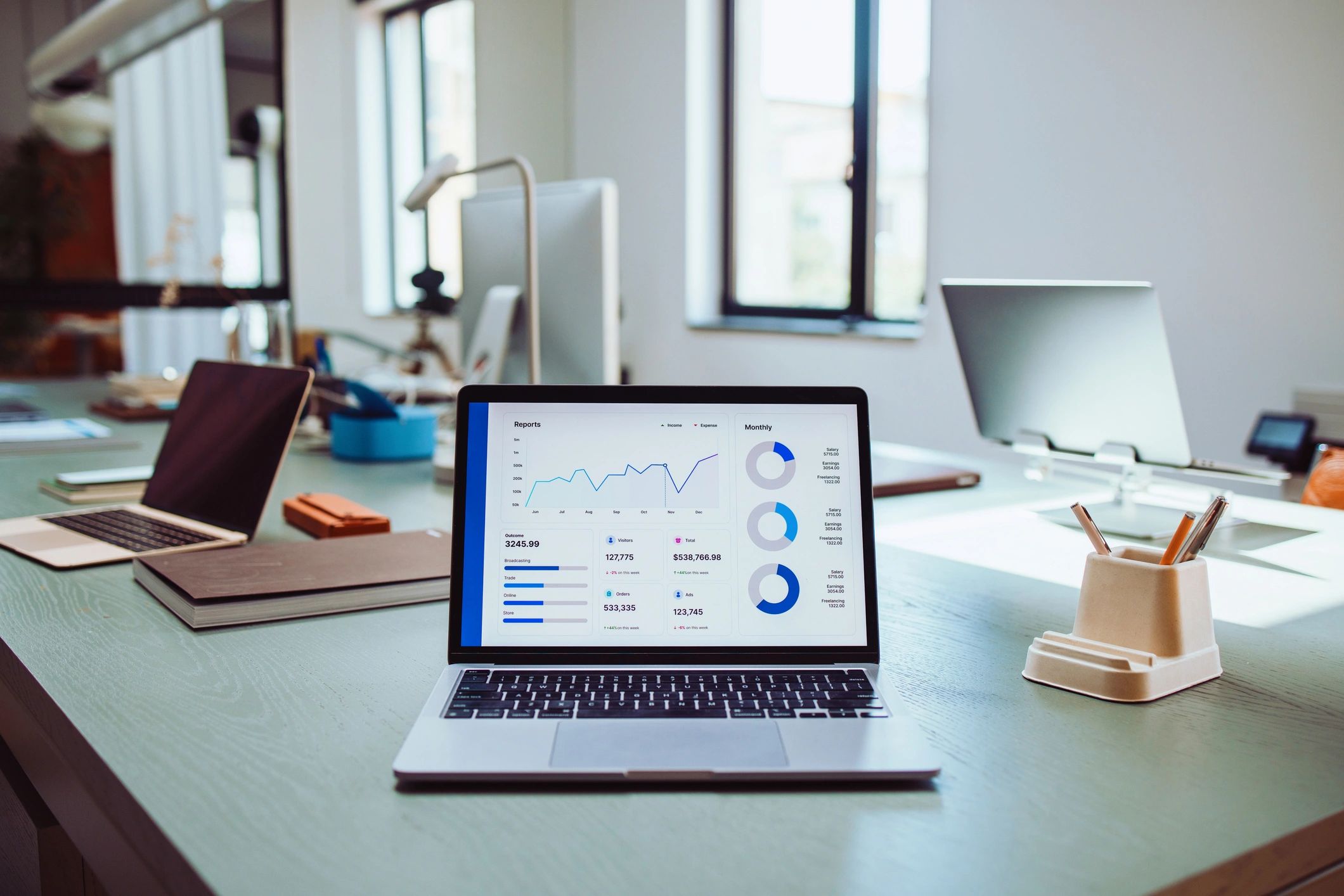 Business analytics charts on a modern desk workspace