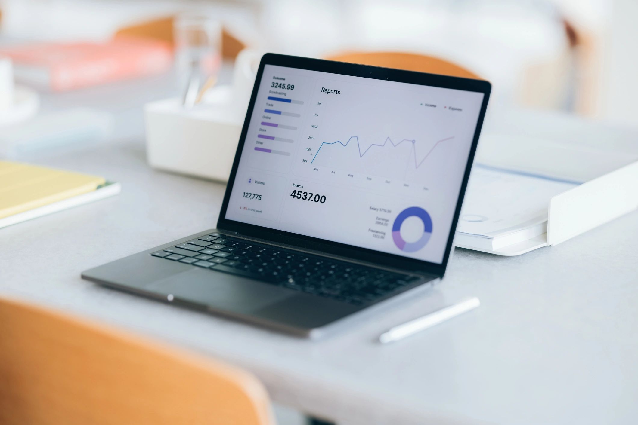 Laptop showing financial charts and reports